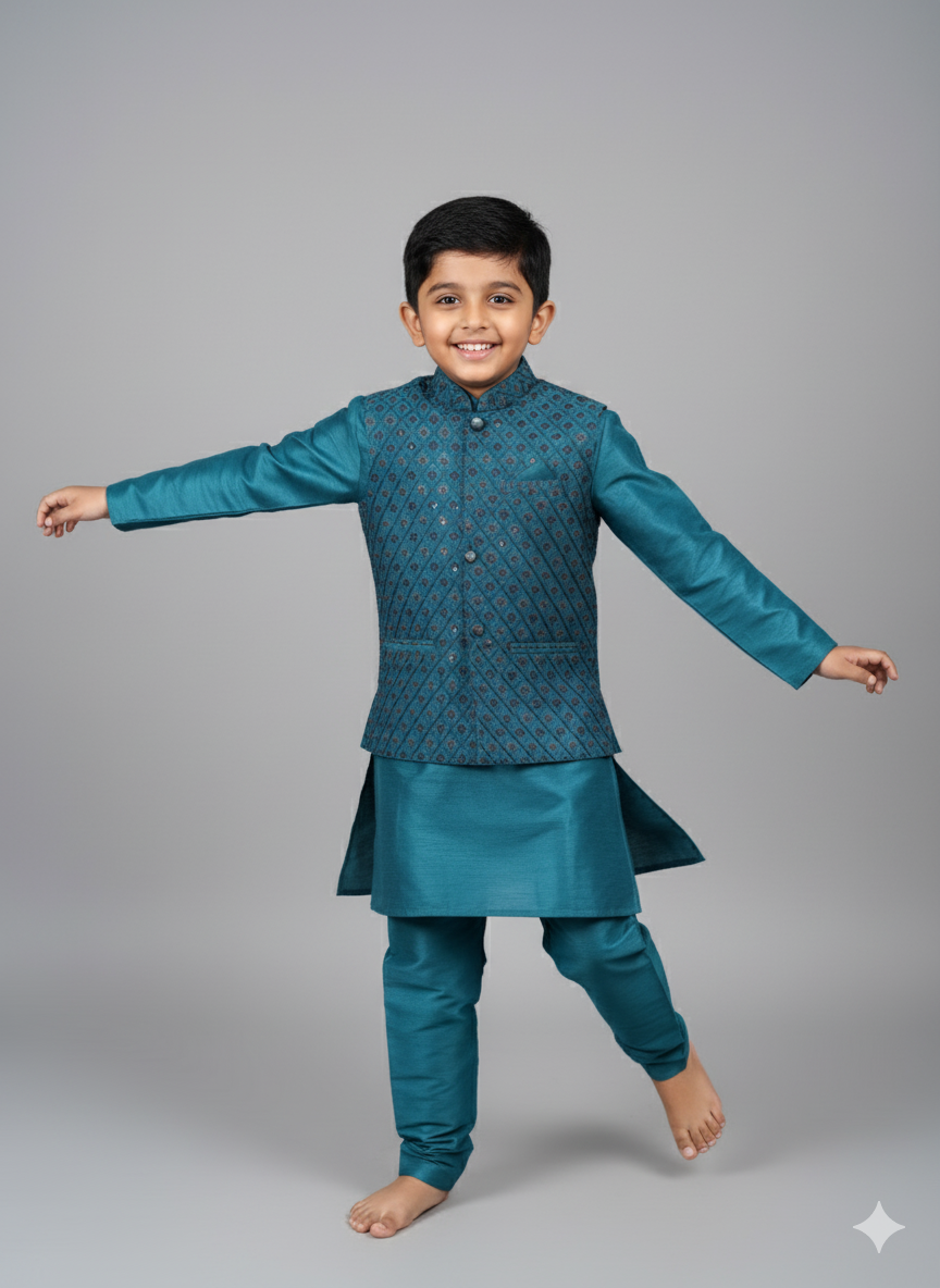 Boys Teal Blue Kurta Set with Brocade Nehru Jacket – Classic Festive & Wedding Wear with Cotton Lining (Age 1 to 7 Years)