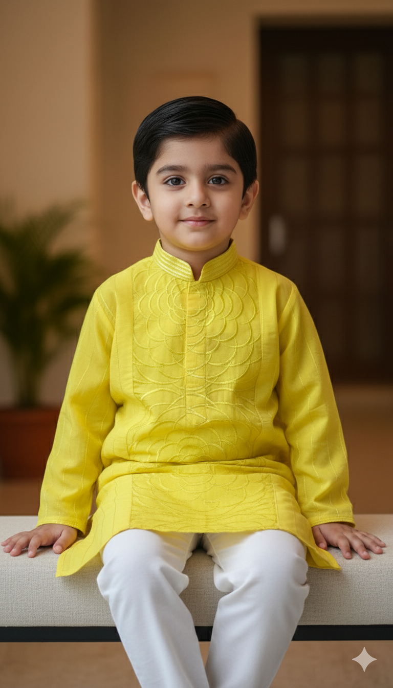 Boys Bright Yellow Thread-Embroidered Kurta Set With Cotton Lining – Festive Haldi & Celebration Wear (1–7 Years)