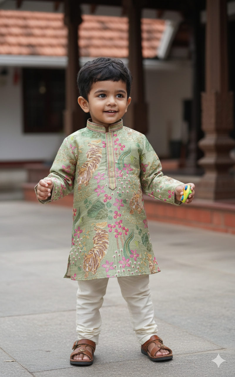 Boys Mint Green Tiger & Floral Embroidered Kurta Set With Cotton Lining – Premium Festive Wear (1–7 Years)