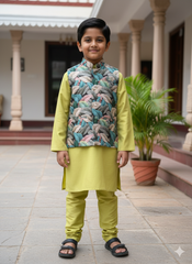 Boys Olive Green Kurta Set with Leaf Print Nehru Jacket – Trendy Festive Outfit with Cotton Lining (Age 1 to 7 Years)