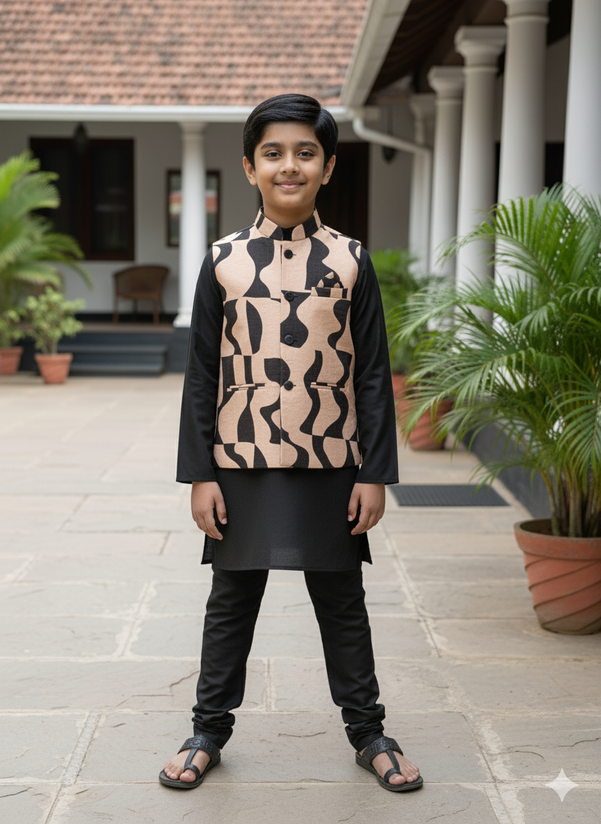 Premium Boys Ethnic Jacket Kurta Set (Cotton-Lined) – Festive & Wedding Collection for Ages 5 to 7 Years | Designer Printed Nehru Jackets with Matching Kurta & Churidar pant