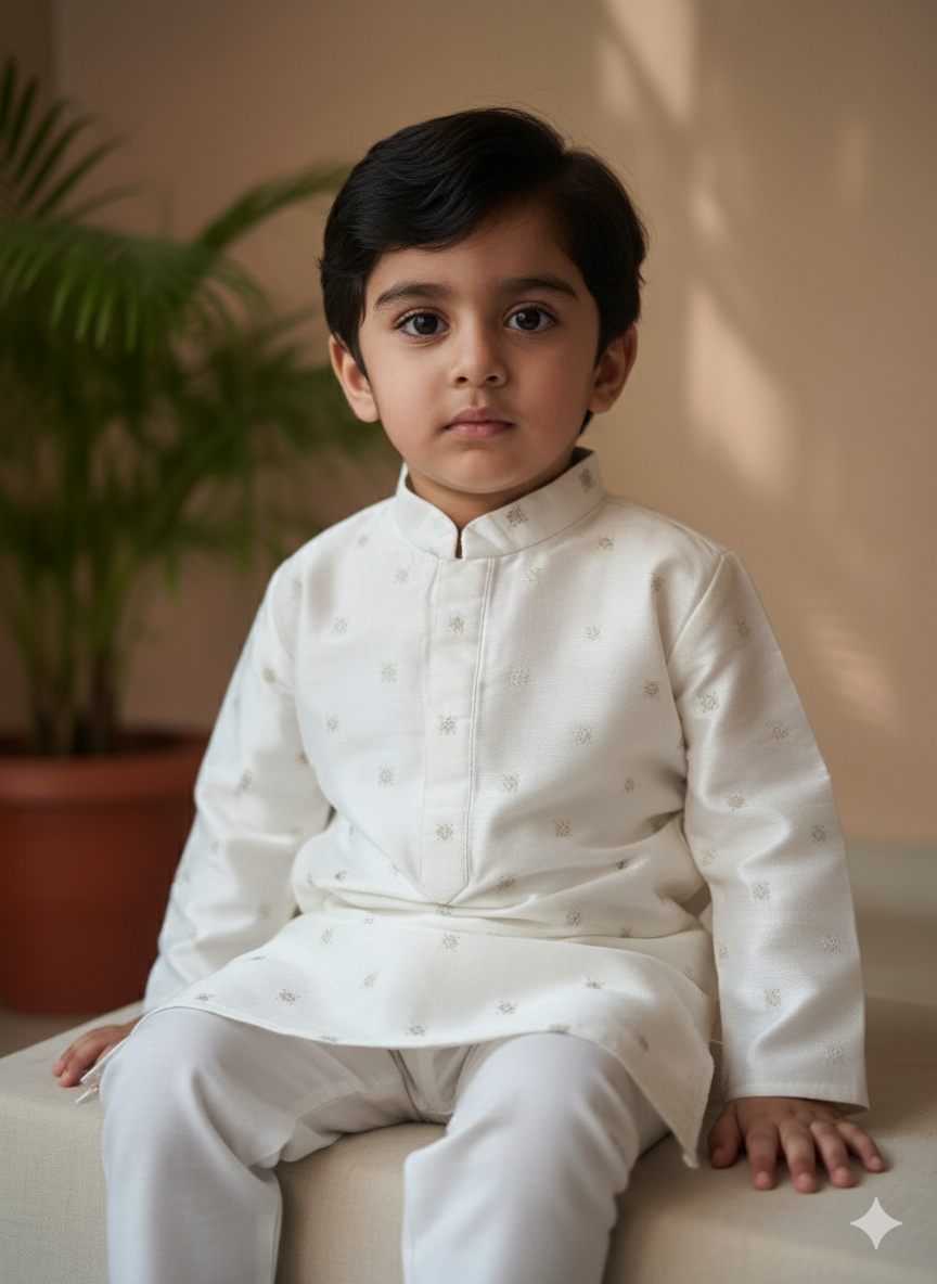 Boys Ivory Polka Self-Embroidered Kurta Set With Cotton Lining – Elegant Festive Classic (1–7 Years)