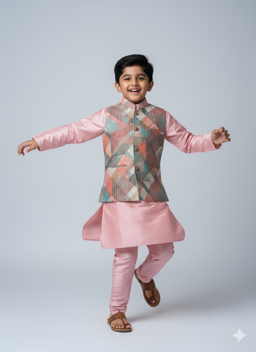 Premium Boys Ethnic Jacket Kurta Set (Cotton-Lined) – Festive & Wedding Collection for Ages 5 to 7 Years | Designer Printed Nehru Jackets with Matching Kurta & Churidar pant