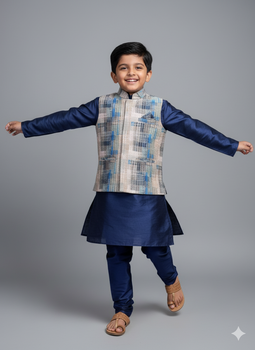 Premium Boys Ethnic Jacket Kurta Set (Cotton-Lined) – Festive & Wedding Collection for Ages 5 to 7 Years | Designer Printed Nehru Jackets with Matching Kurta & Churidar