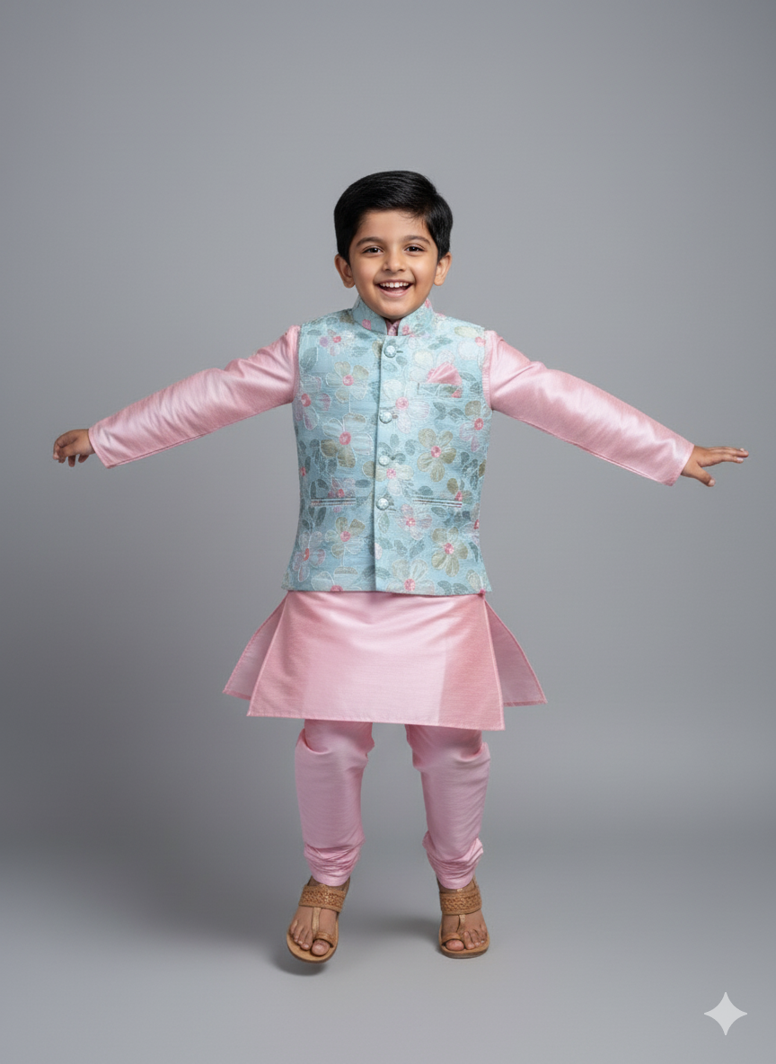 Boys Aqua Floral Nehru Jacket & Baby Pink Kurta Pajama Set | Premium Festive Ethnic Wear (5–7 Years) – With Soft Cotton Lining