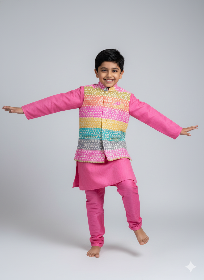 Boys Multicolor Festival Jacket & Pink Kurta Pajama Set | Vibrant Ethnic Wear for Celebrations (5–7 Years) – With Cotton Lining