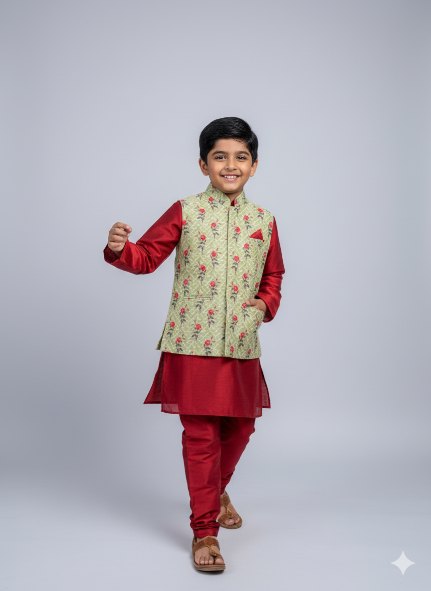Boys Olive Floral Nehru Jacket with Maroon Kurta Pajama | Royal Festive & Wedding Outfit (5–7 Years) – With Cotton Lining