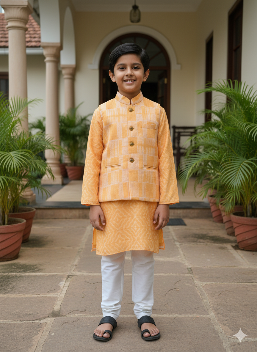 Boys Orange Ikat Jacket & Kurta with White Pajama | Summer Festive Wear Set (5–7 Years) – With Cotton Lining