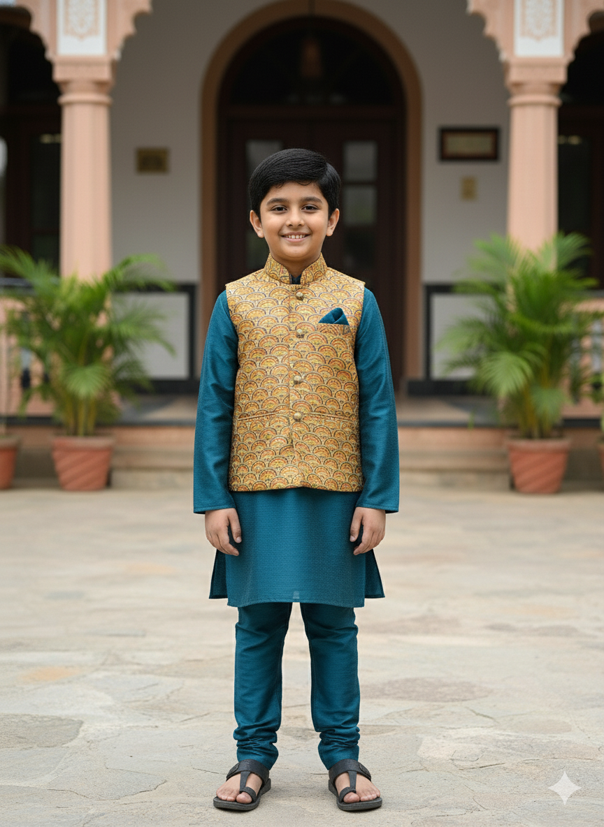 Royal Teal Kurta Set With Mustard Brocade Jacket – Cotton-Lined Festive Edition