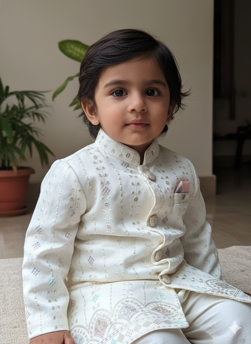 Ivory Hand-Embroidered Kurta Jacket Set – Soft Pastel Classic (Cotton Lining)