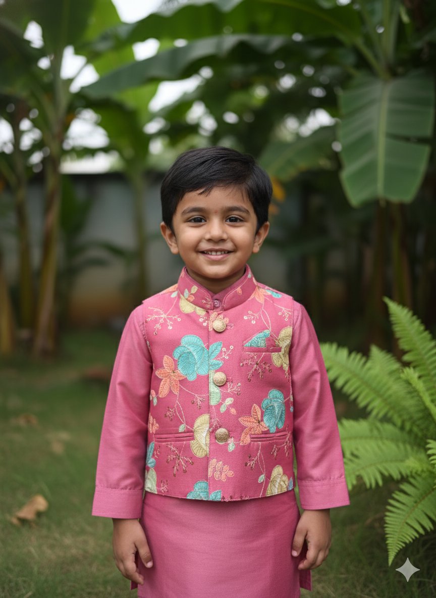 Pink Floral Embroidered Jacket Set – Vibrant Celebration Wear (Cotton Lined)