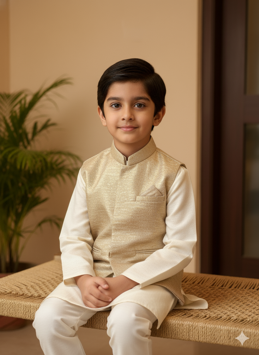 Champagne Gold Kurta Jacket Set – Luxe Celebration Wear (Cotton Lining)