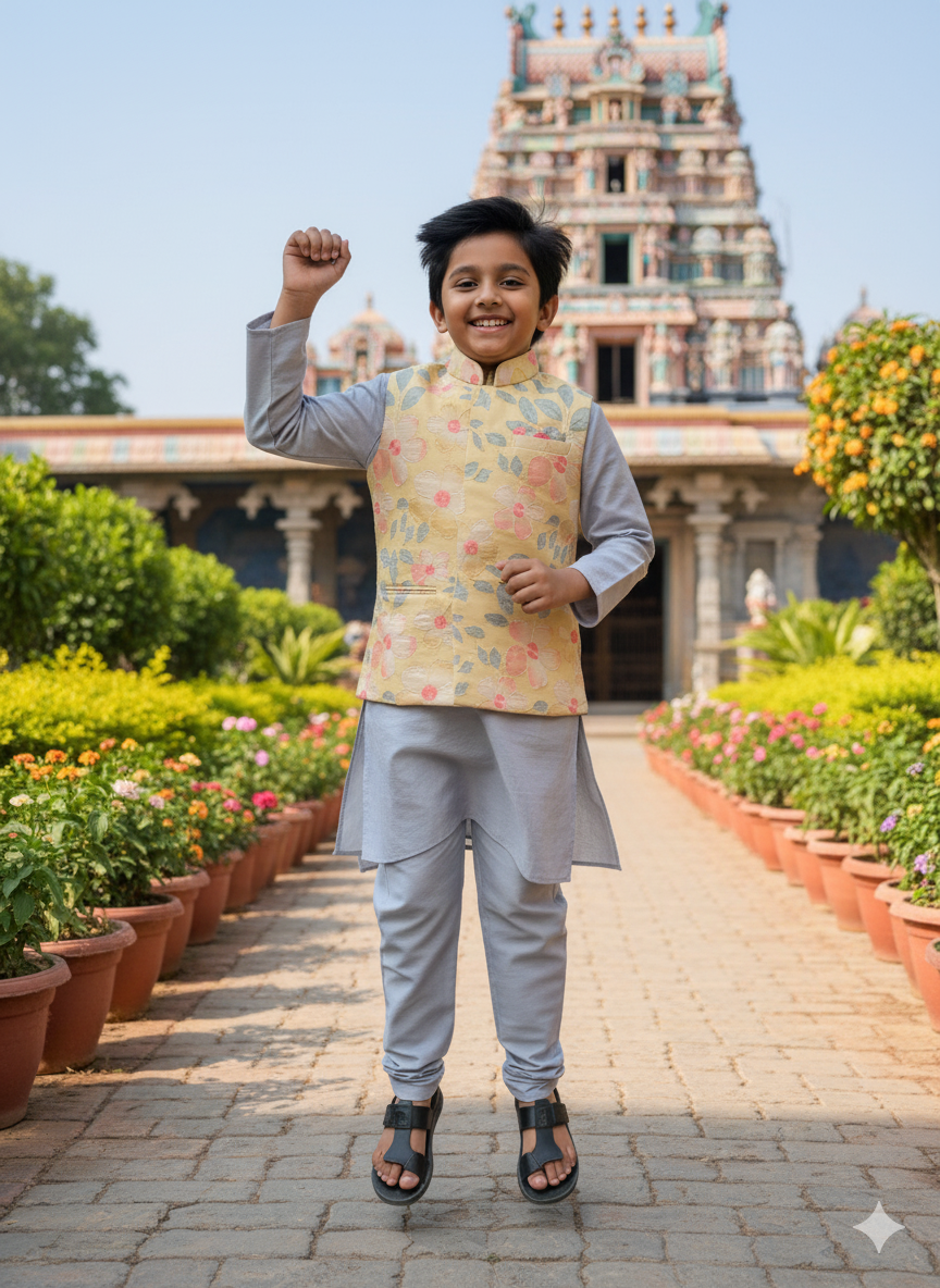 Pastel Yellow Floral Jacket Kurta Set for Boys (5–7 Years) | Soft Cotton-Lined Ethnic Outfit