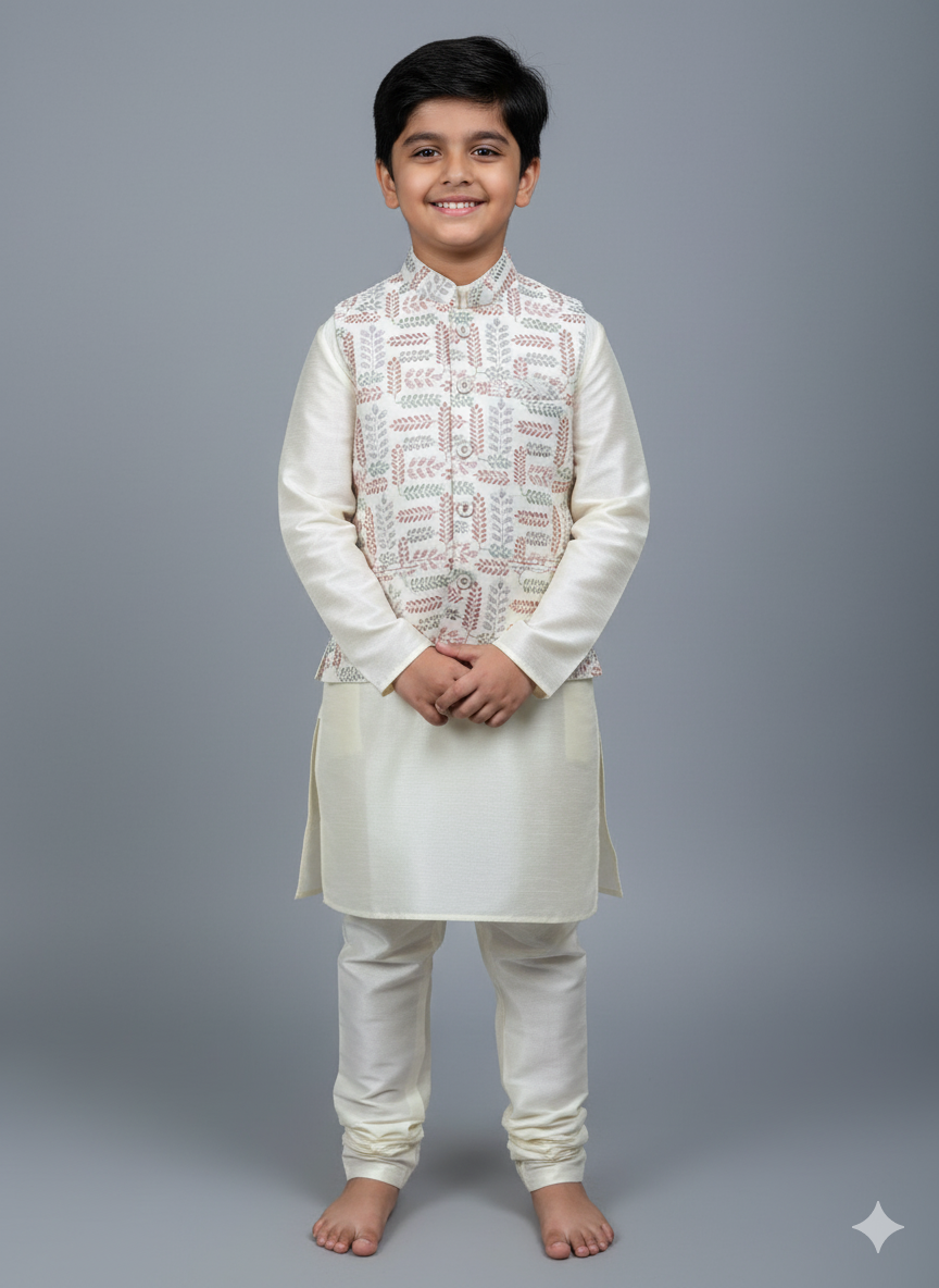 Cream Boys Jacket Kurta Set with Multicolour Leaf Embroidered Nehru Jacket | Cotton Lining | Ages 5–7 Years