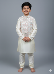 Cream Boys Jacket Kurta Set with Multicolour Leaf Embroidered Nehru Jacket | Cotton Lining | Ages 5–7 Years