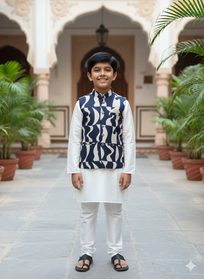 Boys Navy & Ivory Abstract Print Jacket Kurta Set with Cotton Lining – Premium Festive Wear (5–7 Years)