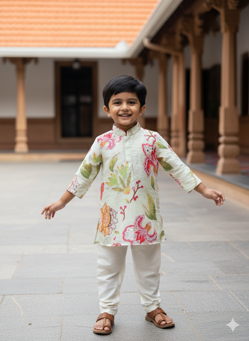 Boys Pastel Floral Print Kurta Set With Cotton Lining – Refreshing Festive Wear (1–7 Years)