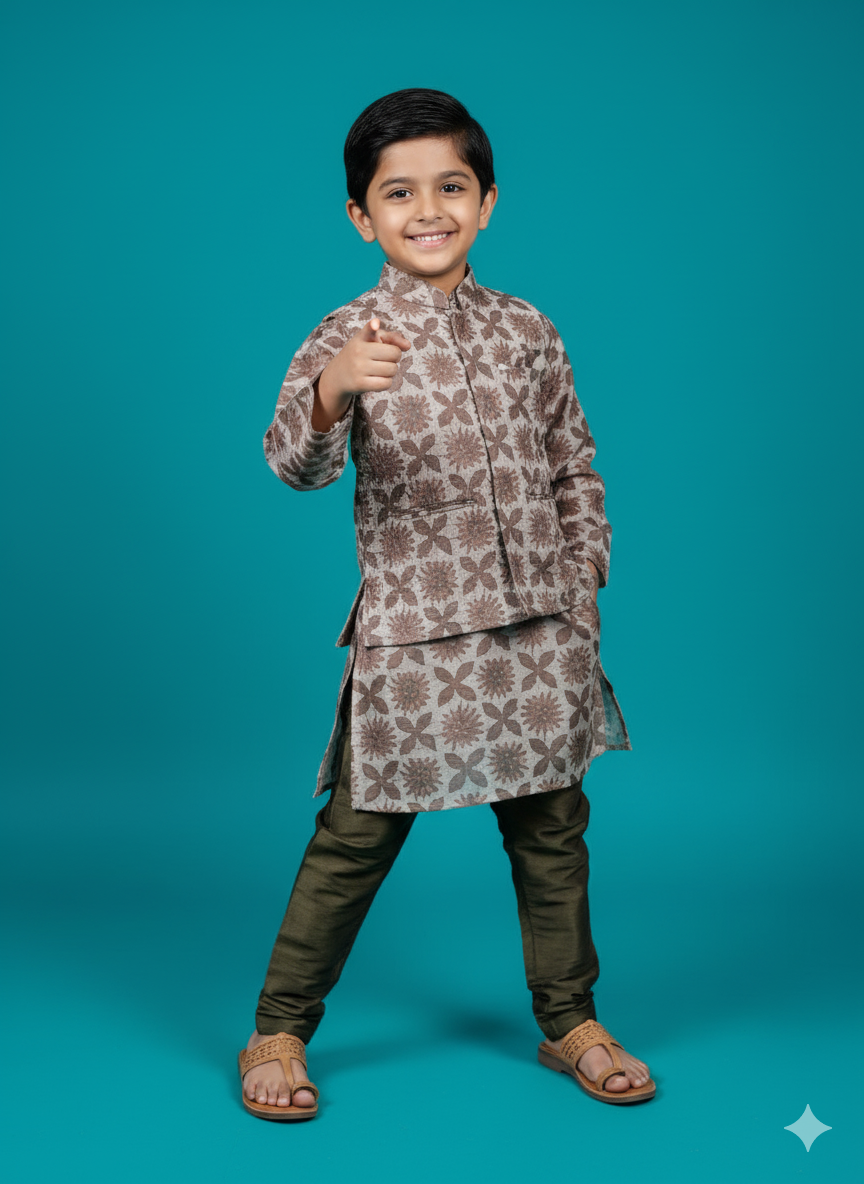 Whizzo Kids Sky-Blue Mughal Motif Jacket Kurta Set for Boys (Cotton Lining, Ages 5–7 Years)