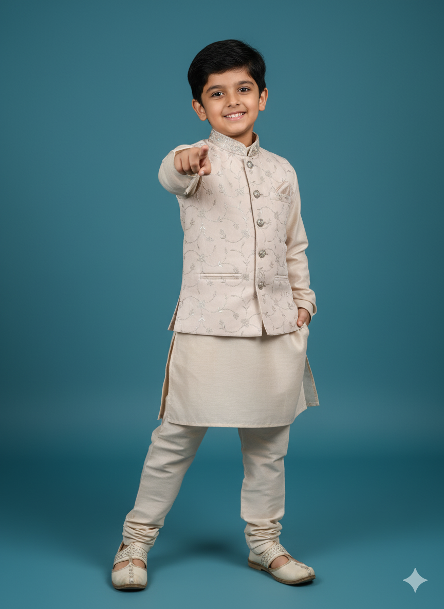 Boys Premium Beige Embroidered Jacket Kurta Set With Cotton Lining – Royal Occasion Wear (Age 5–7 Years)