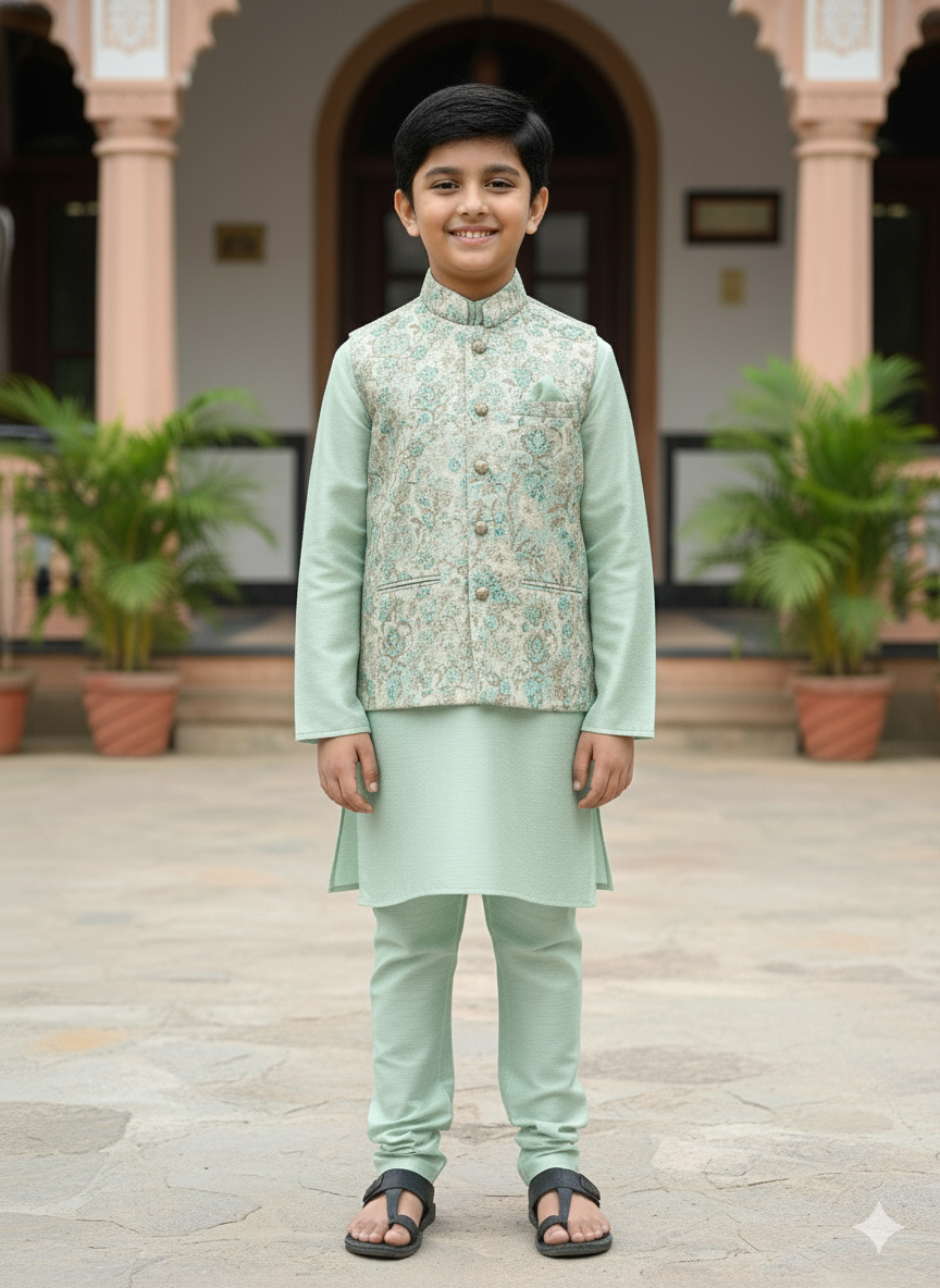 Boys Mint Green Embroidered Jacket Kurta Set With Cotton Lining – Festive Premium Outfit (Age 5–7 Years)