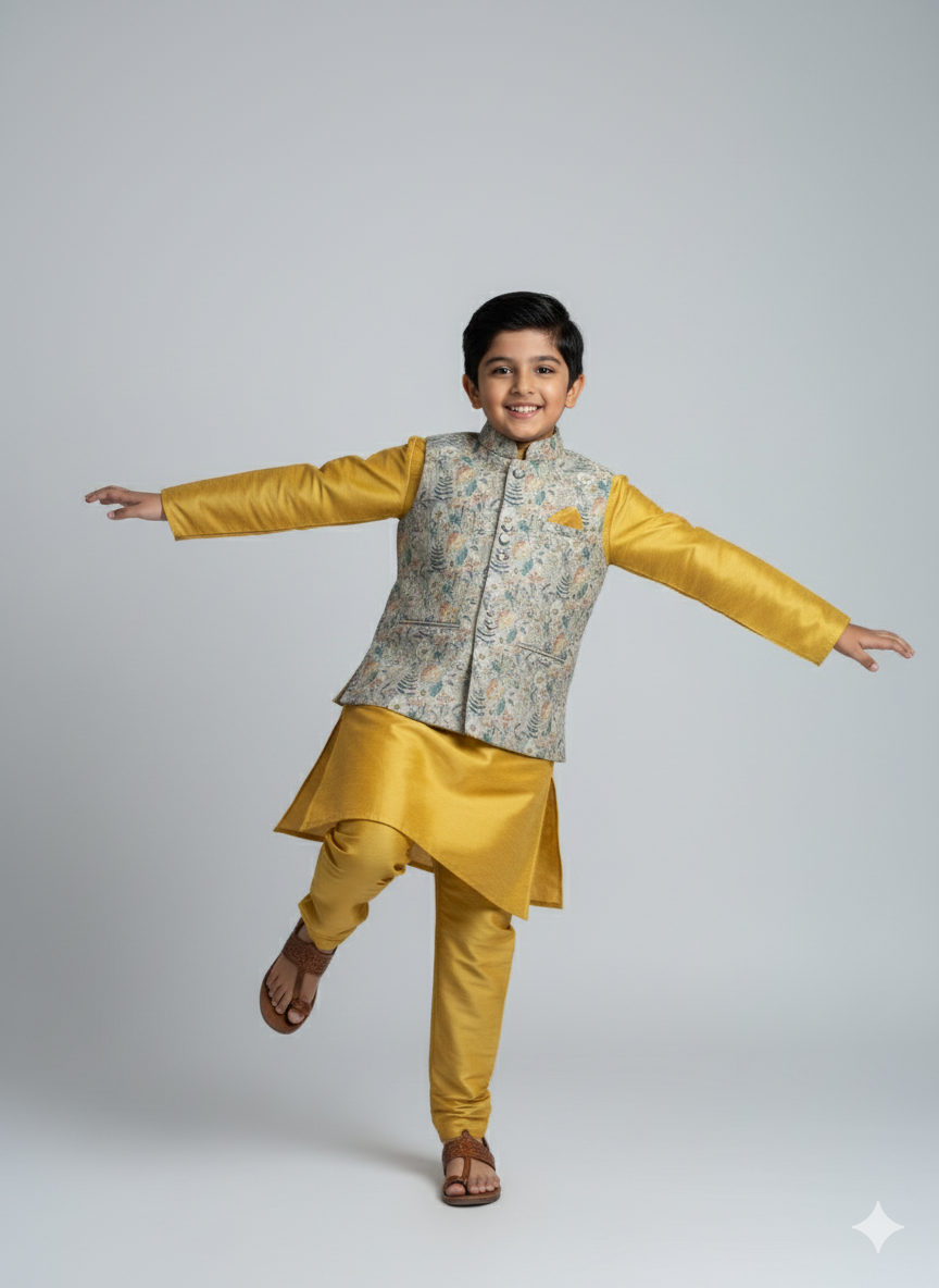 Boys Mustard Kurta Set With Pastel Floral Embroidered Jacket – Cotton-Lined Premium Festive Wear (Age 5–7 Years)