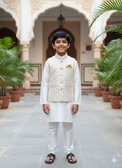 Boys Ivory Kurta Set With Cream Gold Embroidered Jacket – Cotton-Lined Royal Festive Outfit (Age 5–7 Years)