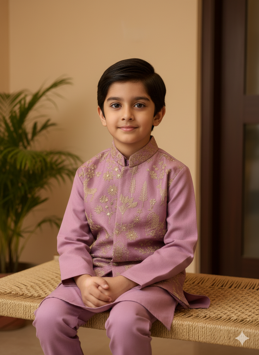 Boys Lilac Gold Embroidered Kurta Set With Cotton Lining – Elegant Festive Wear (Age 5–7 Years)