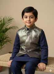 Boys Navy Kurta Set With Metallic Gold Jacket – Cotton-Lined Royal Party Wear (Age 5–7 Years)