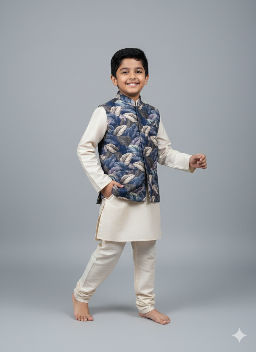 Boys Cream Kurta Set With Blue Feather Pattern Jacket – Cotton-Lined Stylish Festive Wear (Age 5–7 Years)