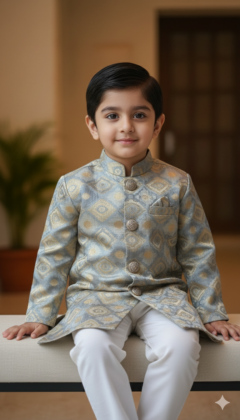 Boys Blue-Gold Jacquard Royal Kurta Set With Antique Buttons & Cotton Lining – Premium Wedding & Festive Wear (1–7 Years)