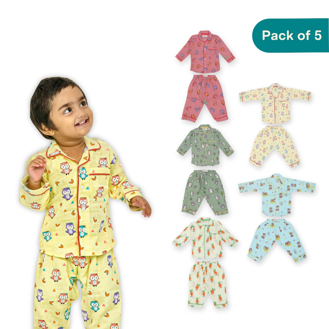 Five Friends Pajamas (Pack of 5) - Muslin Full Sleeve Sleep Suit for babies and kids (Unisex)
