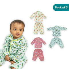 Rainbow Carrot and Friends (Pack of 3) - Muslin Full Sleeve Sleep Suit for babies and kids (Unisex)