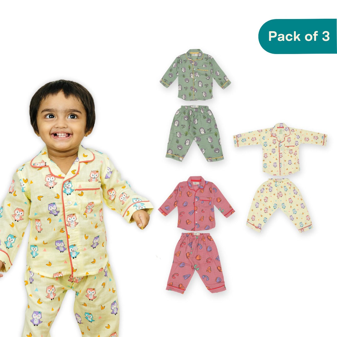 Snuggle Trio (Pack of 3) - Muslin Full Sleeve Sleep Suit for babies and kids (Unisex)