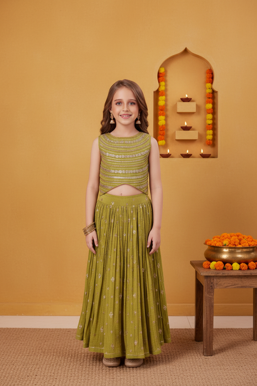 Whizzo Kids Olive Green Festive Lehenga Set for Girls – Elegant Embroidered Celebration Wear (Age 1 Year to 7 Years)
