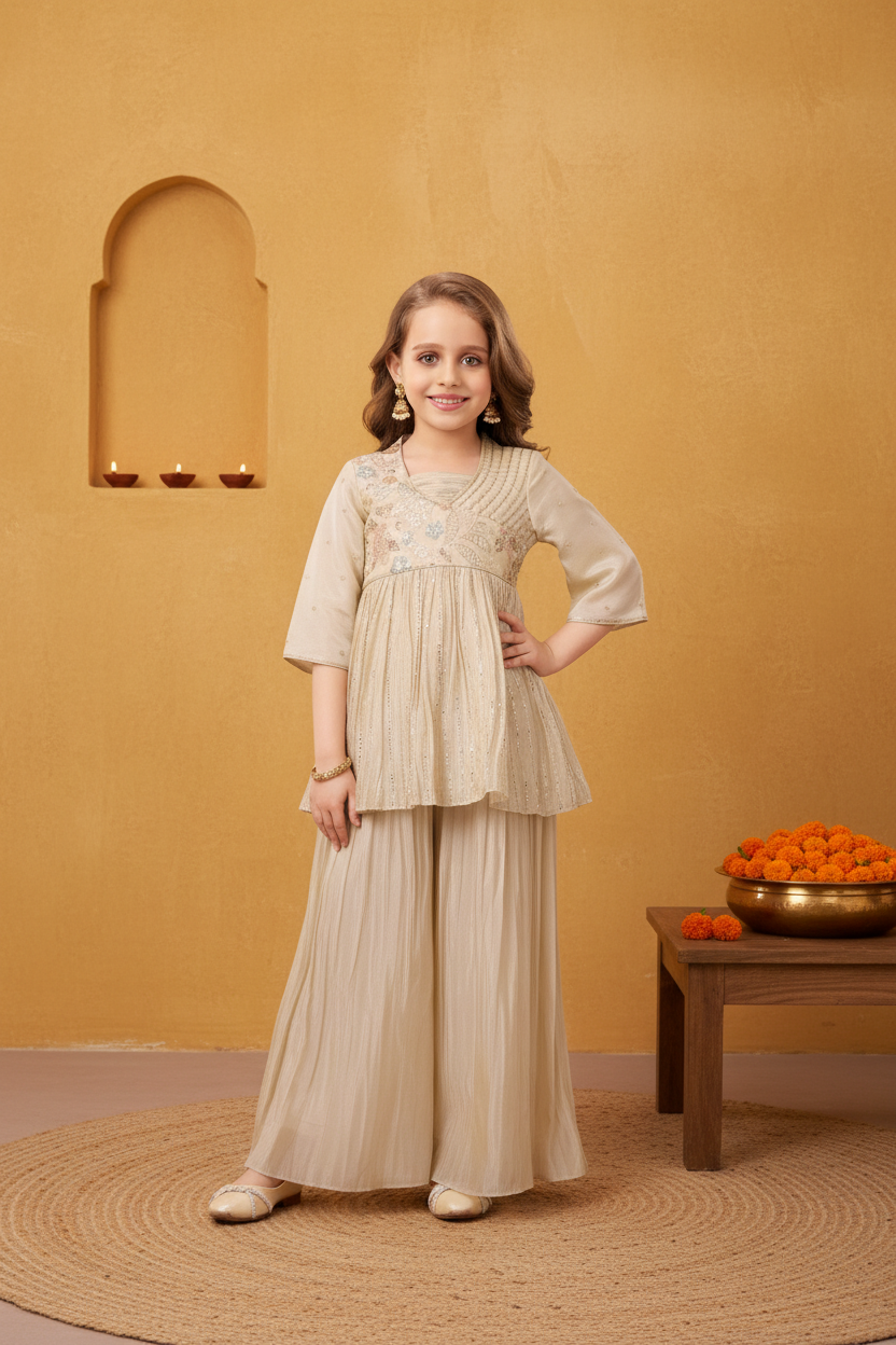 Whizzo Kids Elegant Champagne Gold Gharara Set for Girls – Embroidered Festive Ethnic Wear with Soft Lining (Age 1 Year to 7 Years)