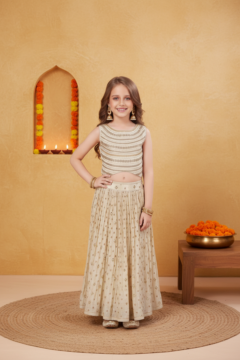 Whizzo Kids Elegant Ivory Gold Festive Lehenga Set for Girls – Embroidered Sleeveless Ethnic Wear with Soft Cotton Lining (Age 1 Year to 7 Years)
