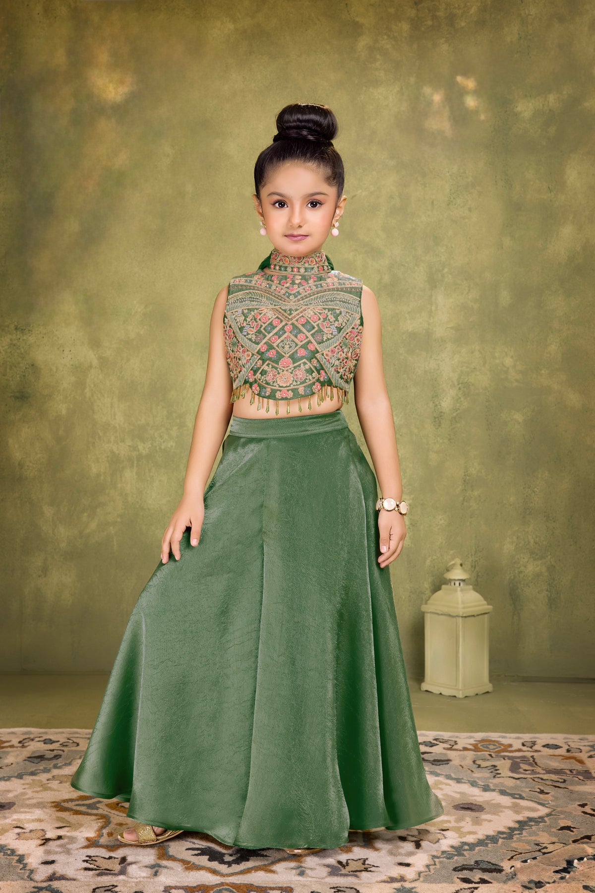 Regal Olive Green Embroidered Crop Top with Flared Skirt – Designer Indo-Western Set for Girls | Ages 4 to 18