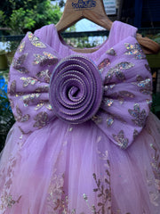 Baby Girls Lavender Birthday Gown with Oversized Bow & 3D Floral Appliqué – Sparkling Party Wear Dress (Age 1 to 3 Years)