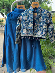 Girls Royal Blue Palazzo Set with Floral Embroidered Jacket & Bead Tassel Detailing – Stylish Festive & Party Wear Outfit (Age 5 to 16 Years)