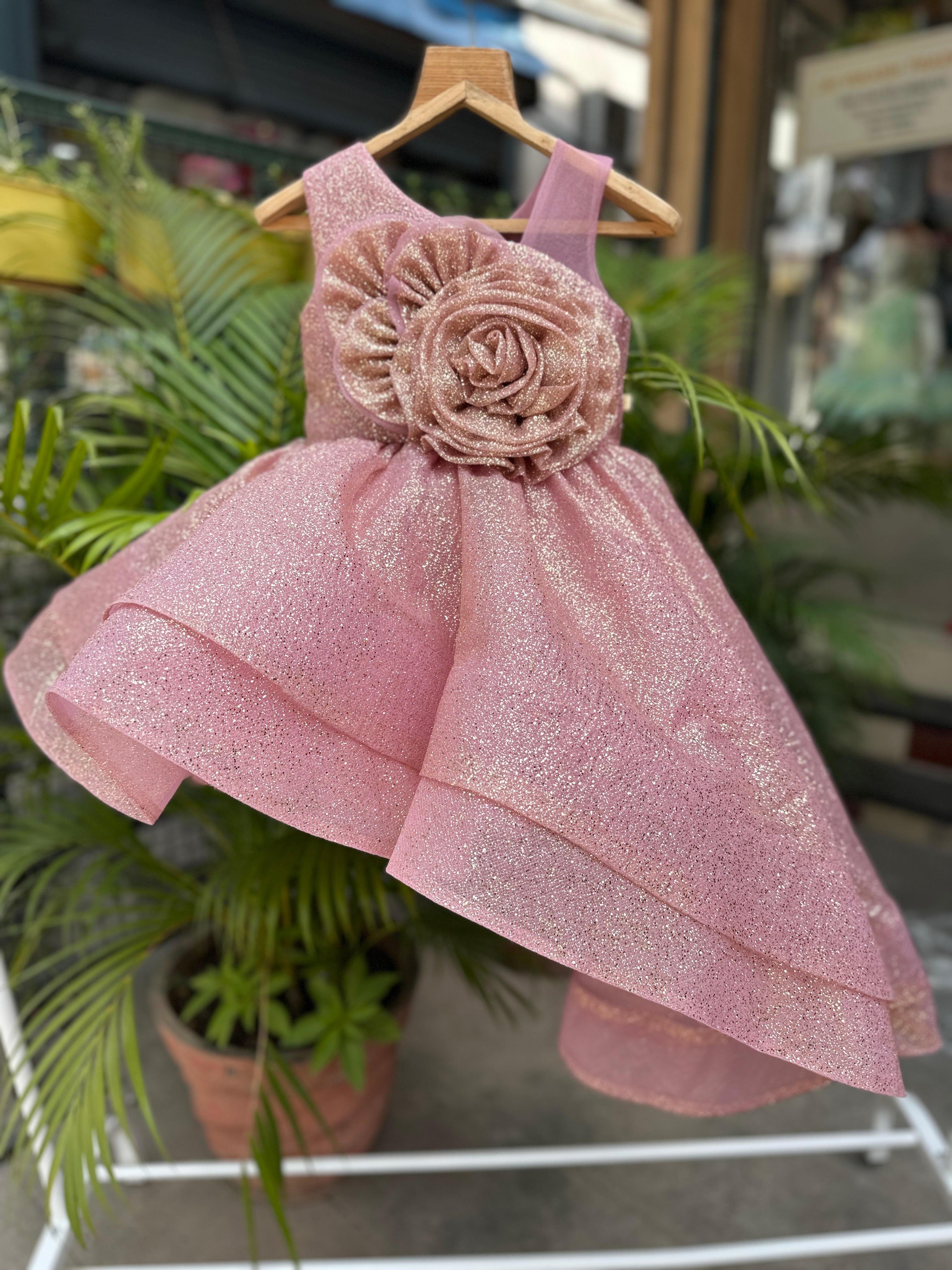 Pink Glitter High-Low Party Gown with Oversized 3D Rose Appliqué & Layered Skirt – Designer Sleeveless Dress for Girls Age 3 to 10 Years – Birthday, Wedding & Festive Wear