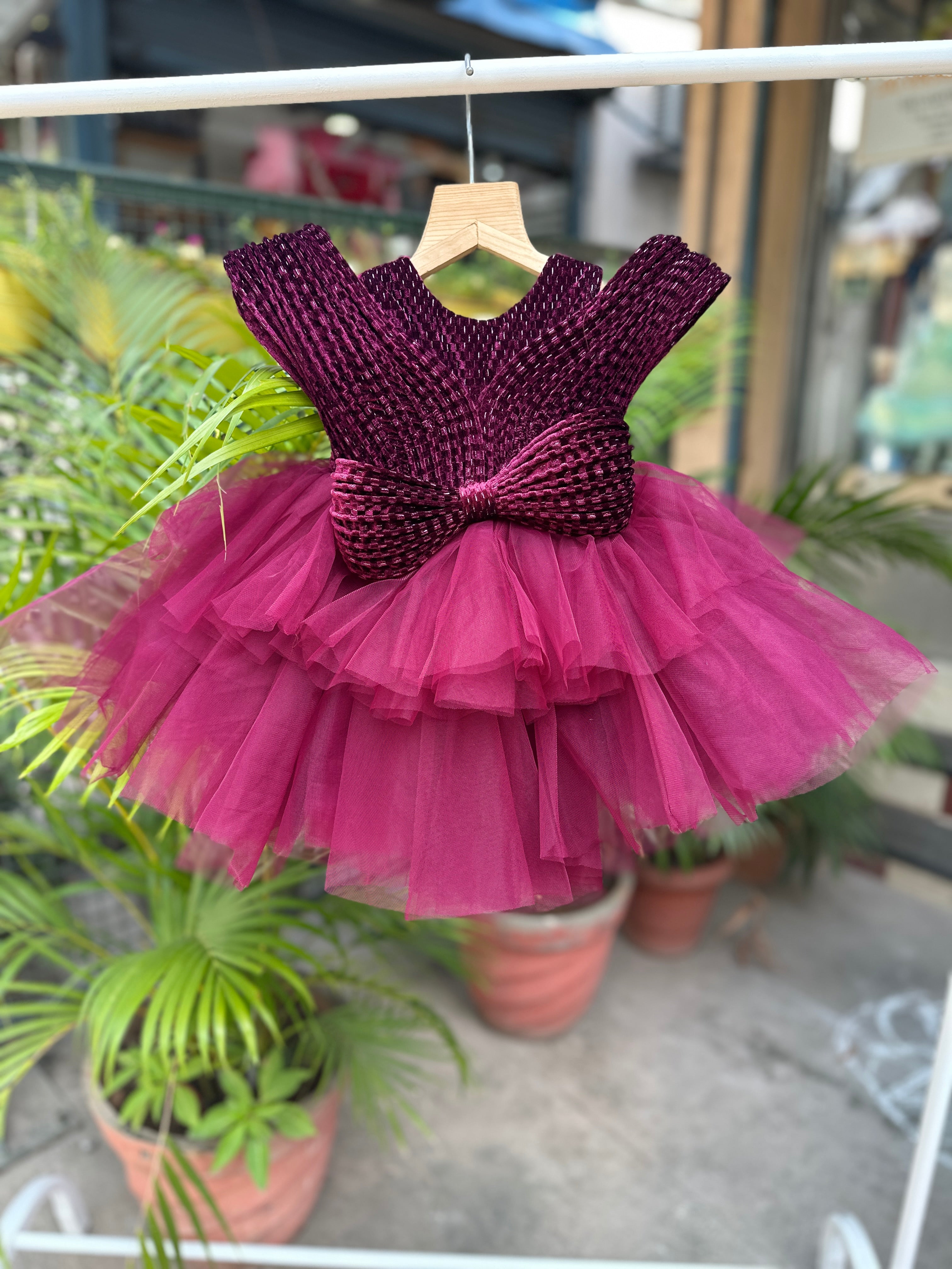 Wine Velvet Corduroy & Tulle Party Dress with Oversized Bow for Girls (Age 1–6 Years) – Ultra Soft & Lightweight