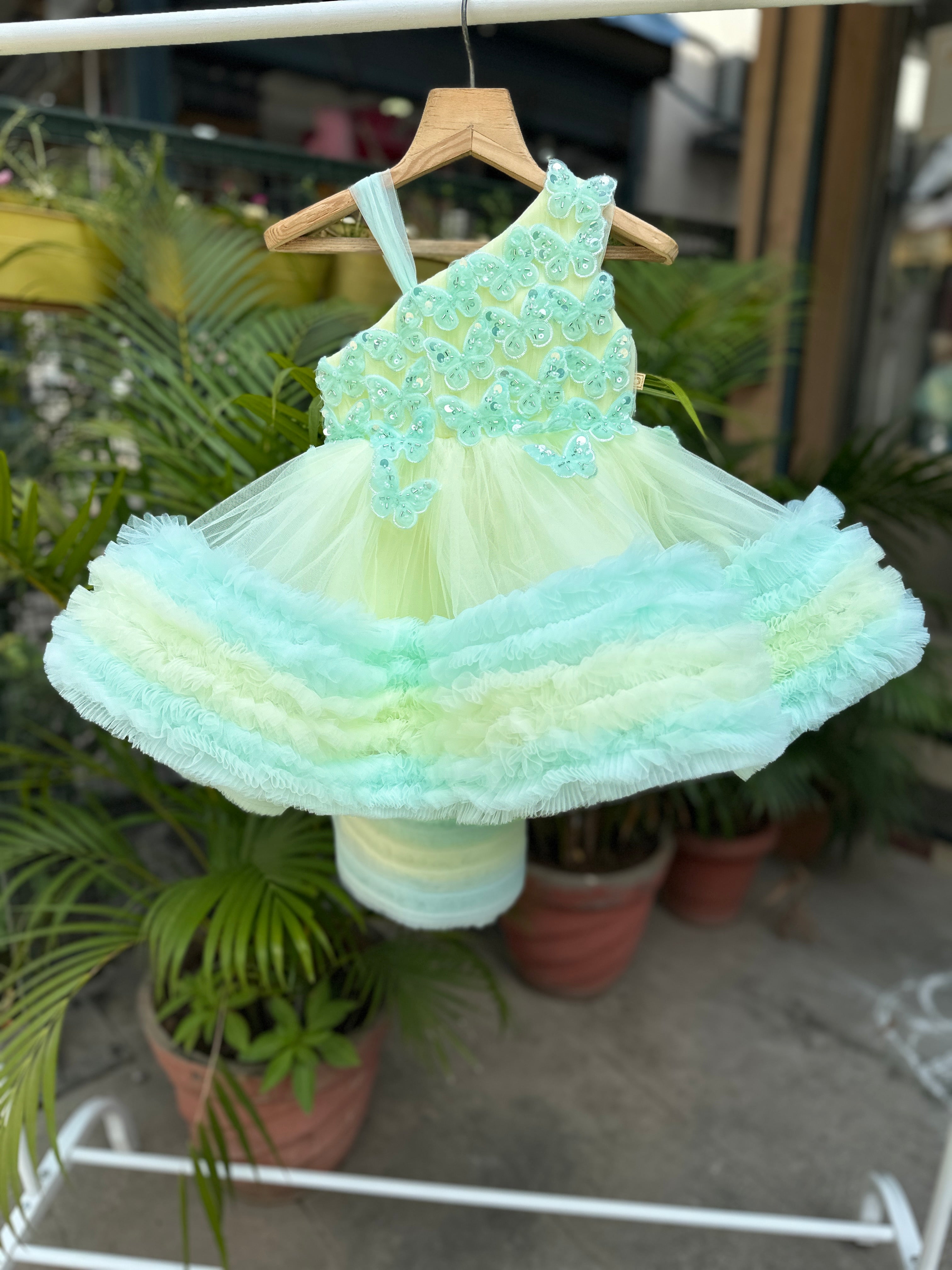 Mint Green Butterfly Appliqué One-Shoulder Tulle Party Gown with Layered Ruffle Skirt for Girls (Age 1 – 5 Years)