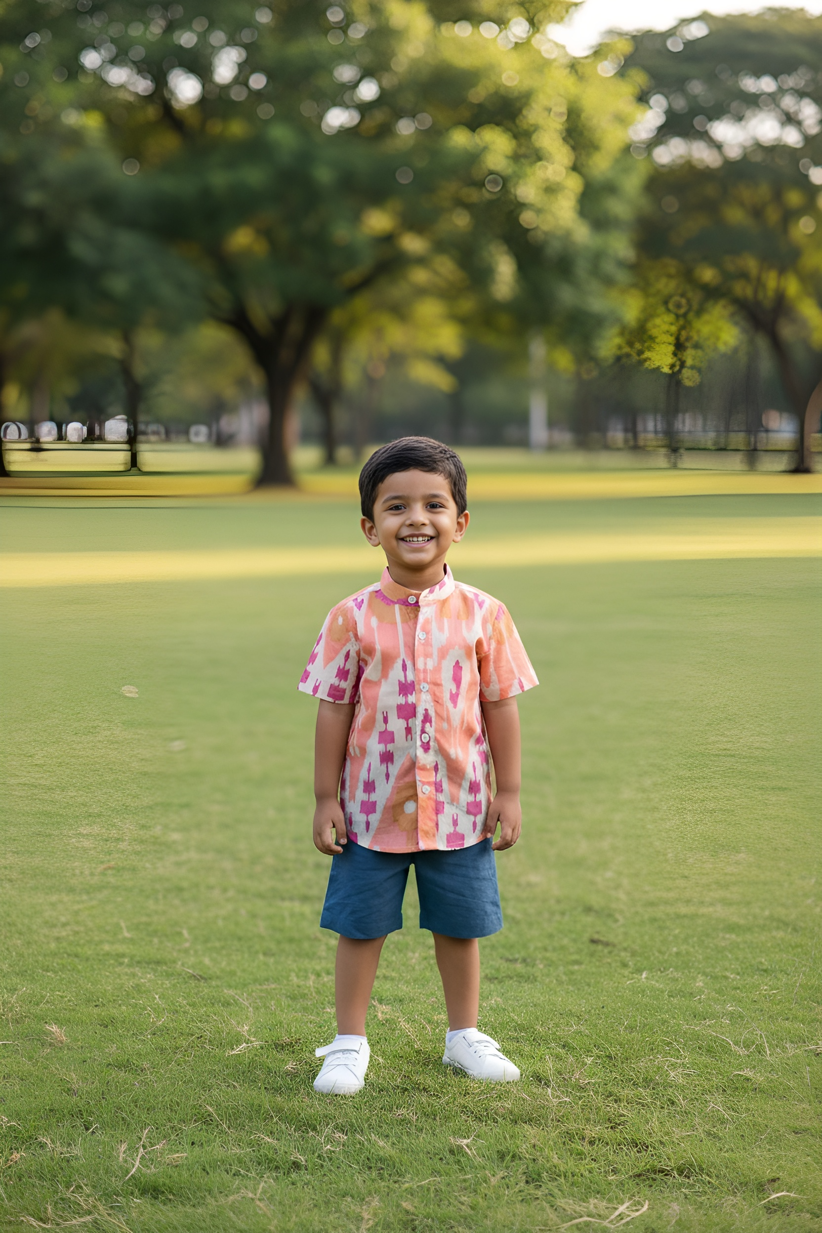 Whizzo Kids Peach Ikat Print Shirt & Blue Shorts Co-Ord Set – Soft Cotton Summer Outfit for Boys