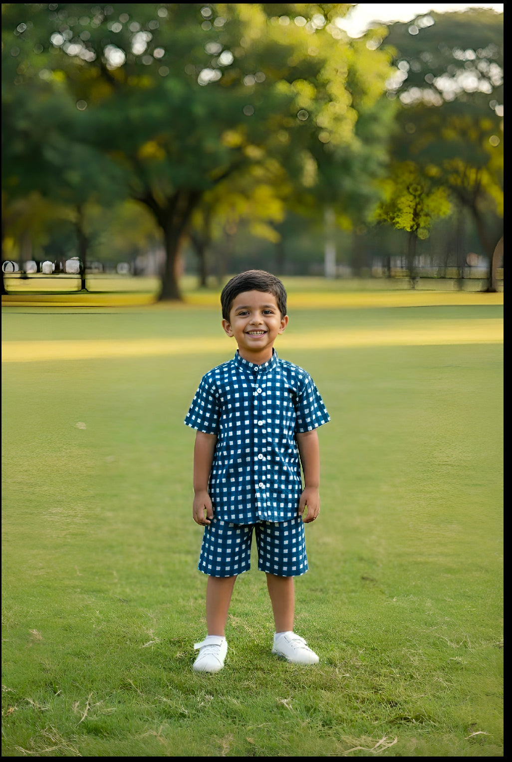 Whizzo Kids Navy Blue Checkered Co-Ord Set – Shirt & Shorts Combo for Boys (Casual Wear)