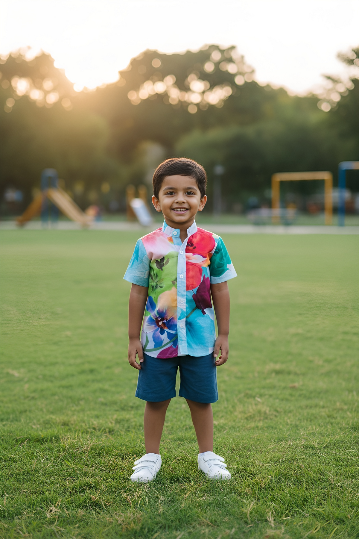Whizzo Kids Tropical Bloom Print Shirt & Blue Shorts Co-Ord Set – Soft Cotton Summer Wear for Boys