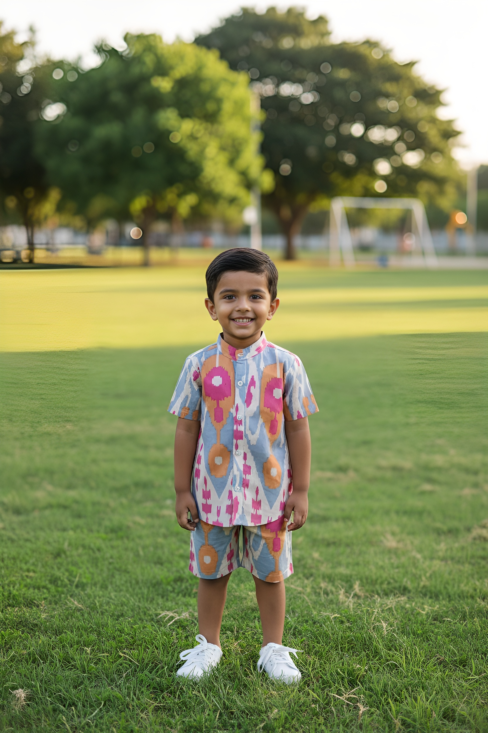 Whizzo Kids Grey & Pink Ikat Print Shirt and Shorts Co-Ord Set – Comfortable Cotton Summer Wear for Boys