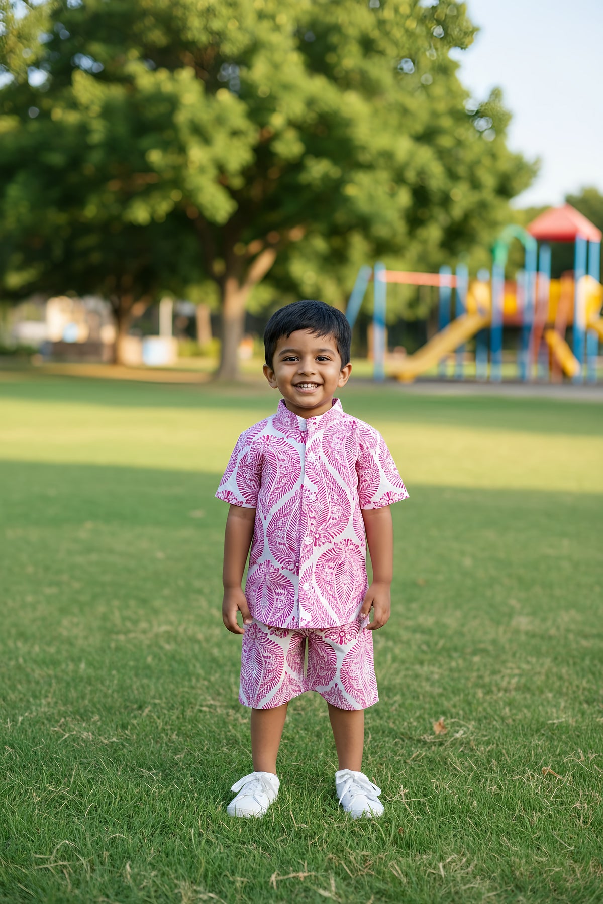 Whizzo Kids Pink Tropical Leaf Print Shirt & Shorts Co-Ord Set – Soft Cotton Summer Wear for Boys