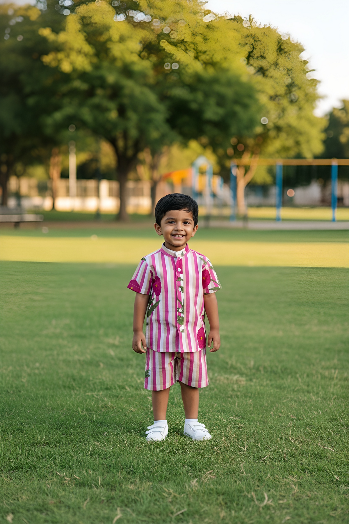 Whizzo Kids Pink Stripe Floral Shirt & Shorts Co-Ord Set – Soft Cotton Summer Outfit for Boys