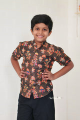 "Boys Printed Partywear Shirt in Soft Mul Mul Fabric - Rich Brown Color"