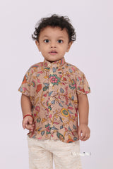 "Boys Printed Partywear Shirt in Soft Mul Mul Fabric - Stylish Sandal Color for Memorable Moments"